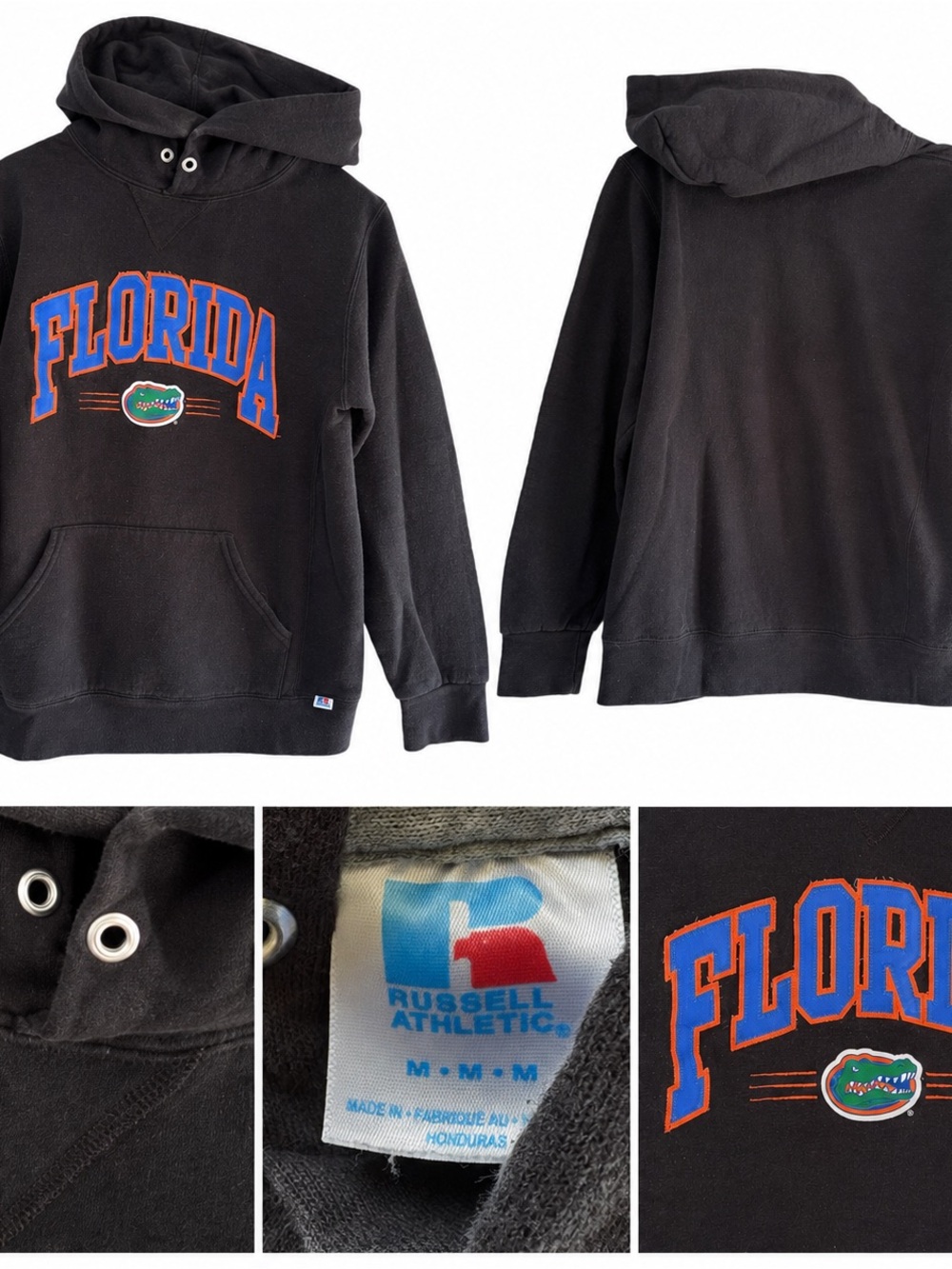 🐊 Russell Athletic Black Florida Script Pullover Hoodie with Orange & Blue Trim